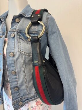 Gucci Black Crescent Bag w/Green & Red Stripe & Gold Bamboo Rings